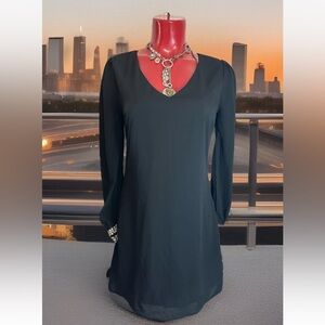 Black Sheath Blouse with Bishop Sleeves and V-Neck M